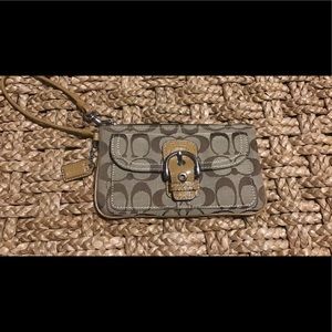 Coach Large Wristlet Wallet Khaki and Brown with outside pocket.